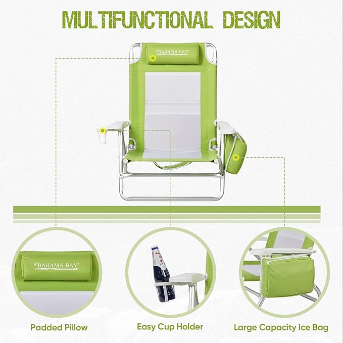 Old Bahama Bay Reclining Beach Chair Backpack 5-Position Lay Flat Lounge Chair for Adults Heavy Duty Portable Folding Lightweight with Cooler Bag Camping Chair for Sand Outdoor
