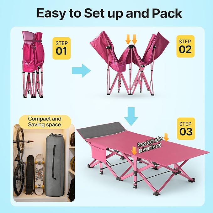 Slendor XXL Folding Camping Cot for Adults with Mattress Pillow Carry Bag 32 inch Extra Wide Portable Sleeping Cot 900LBS Support Outdoor Cot Bed for Office Nap Beach Travel RV