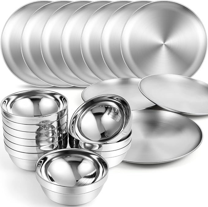 Sunnyray 304 Stainless Steel Plates and Bowls Metal Camping Plates Reusable 13 oz Steel Snack Bowls Dinner Dishes Double Walled Insulated Metal Dinnerware(10 Sets8 x 8 Inch)