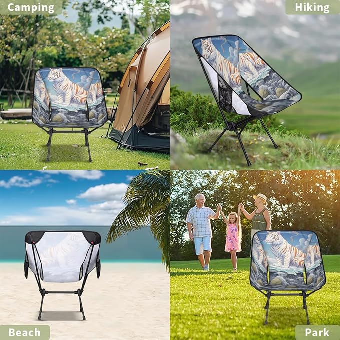 Portable Camping Chair Ocean Waves Tiger Ultralight Folding Camping Chair Backpacking Hiking Chair with Cup Holder for Outdoor Travel Beach Picnic Festival Compact Portable 176 lbs Capacity