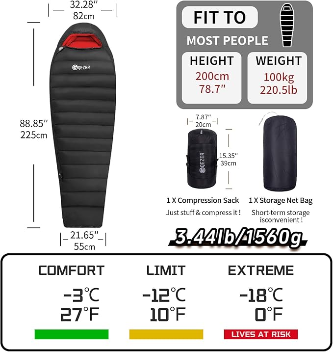 0 Degree Sleeping Bag for Adults 650 Fill Power Down Sleeping Bag for Cold Weather -20F / -8F / 0F / 10F Large Lightweight