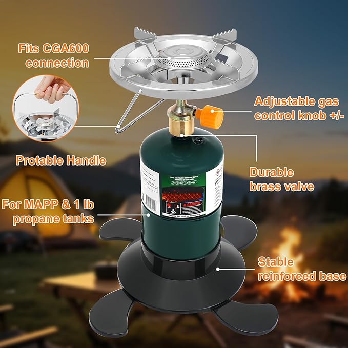 Camping Stove Propane Portable Backpacking Cooker with Single Burner Adjustable Flame Foldable Base Camp Stove Kit for Outdoor Cooking Hiking Emergency Essential (Fuel not Included)