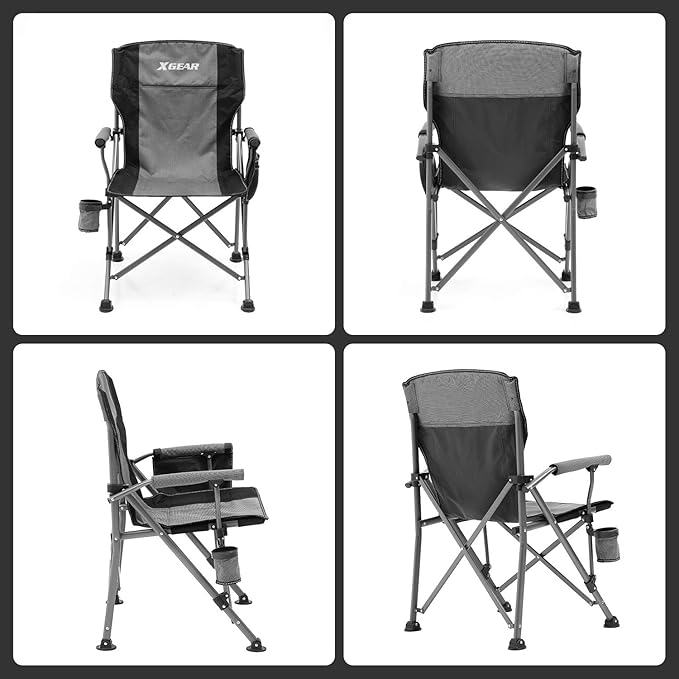 XGEAR Camping Chair Hard Arm High Back Lawn Chair Heavy Duty with Cup Holder for Camp Fishing Hiking Outdoor Carry Bag Included