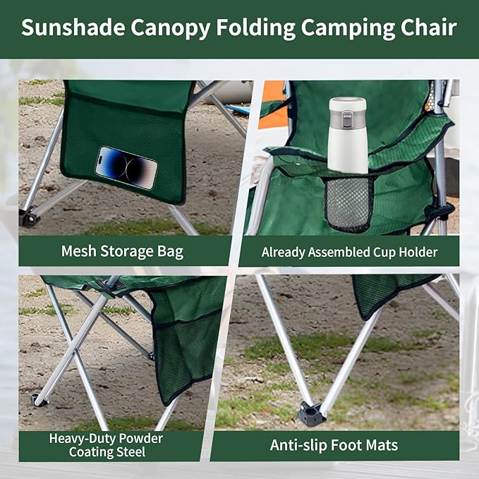 Portable Camping Chair with Canopy Shade- Folding Camping Lounge Chair with Cup Holder &amp Side Pocket for Outdoor Camping Fishing Beach - Support 330 LBS (Green)