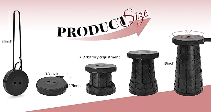 2 Pack Upgraded Collapsible Stool Folding Stool with CushionRetractable Folding Stool Max Load Capacity 400lbs Portable Telescoping Stools for Camping Hiking Outdoor BBQ -Black