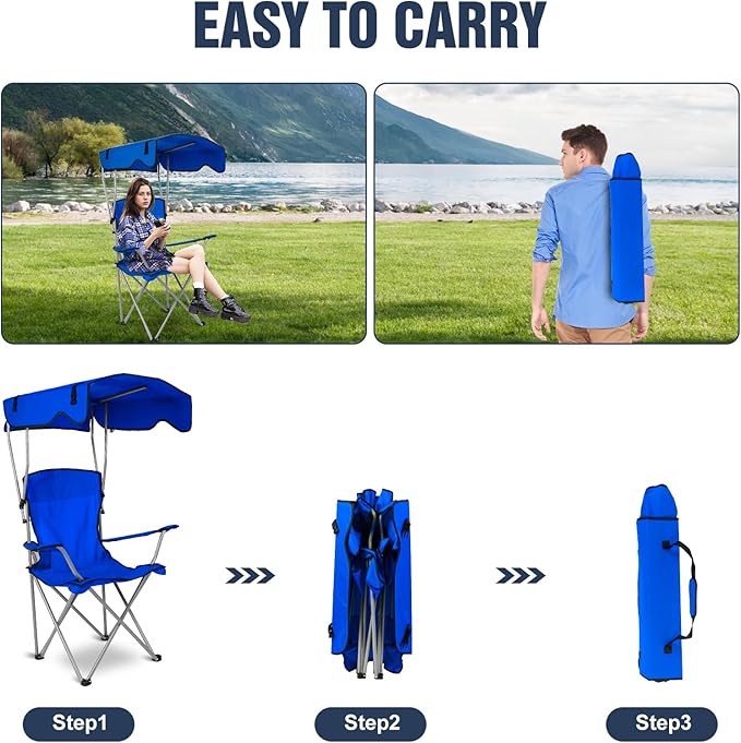 Camping Chair with Canopy Portable Outdoor Folding Beach Chairs with Cup Holder 330LBS Load Lawn Chair for Outside Fishing Beach Picnic (Blue)