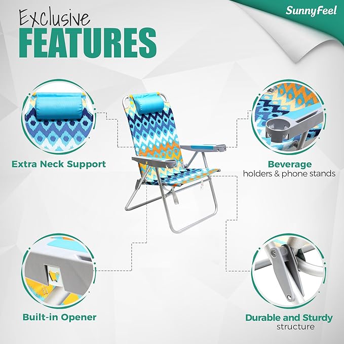 SUNNYFEEL 17 Tall Oversized Beach Chairs 2 Pack for Adults Heavy Duty 300 LBS 5 Position Portable High Folding Camping Chair with Cup Holder for Outdoor/Lawn/Trip Foldable Sand Chairs for Adults
