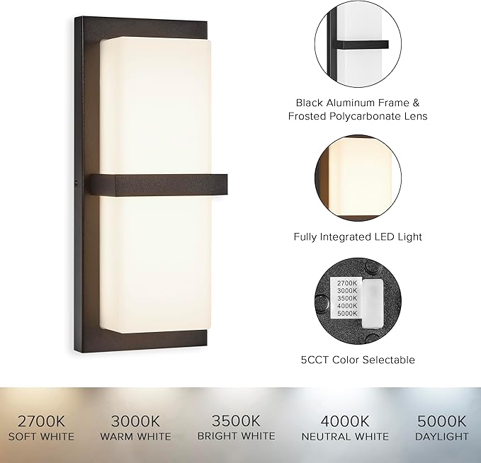 Maxxima LED Porch Lantern Outdoor Wall Light Black with Horizontal Bar &amp Frosted Lens 1000 Lumens 5 CCT 2700K/3000K/3500K/4000K/5000K Modern Exterior Patio Sconce Lantern Dimmable at 120V