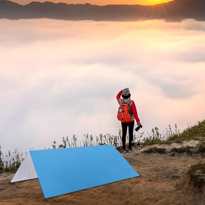 STOBAZA Waterproof Polyester Tent Tarp Shelter Sun Protection Camping Hammock Rain Fly with Ground Cloth Azure 3-4 Person Outdoor Beach Shelter for Hiking and Camping