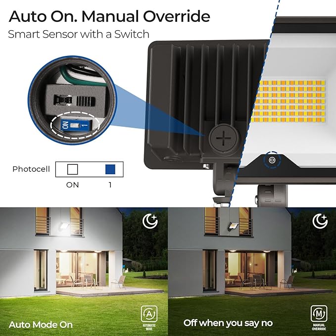 CINOTON 55W LED Flood Light 3CCT (3000K/4000K/5000K) 7700LM Dusk-to-Dawn Photocell Outdoor Security Lighting 120V IP65 Aluminum Wall Pack for Porch/Barn 180° Knuckle Mount 2 Modes ETL 1 Pack