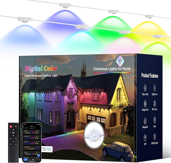 Isalelala Permanent Outdoor Lights 50ft with 30 RGB LED Lights for Christmas and Daily 49 Scene Modes+DIY for Christmat Decor IP66 Waterproof for Outdoor Compatible with Alexa Google Assistant