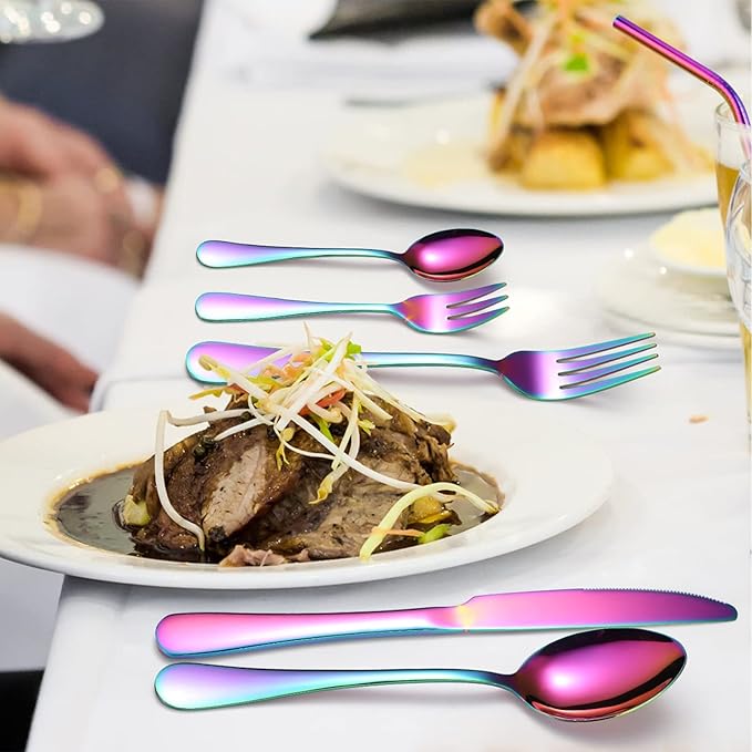 Stainless Steel Silverware Premium Stainless Steel Cutlery Set - Polished Flatware Knife Fork and Spoon Dishwasher Safe Tableware Multi-Colored Design (Silver)