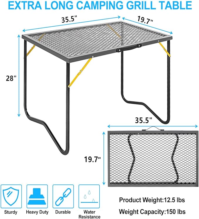 Portable Folding Grill Table 3ft Outdoor Grill Table with Mesh Tabletop Metal Grid Table for Camping Picnic BBQ RV