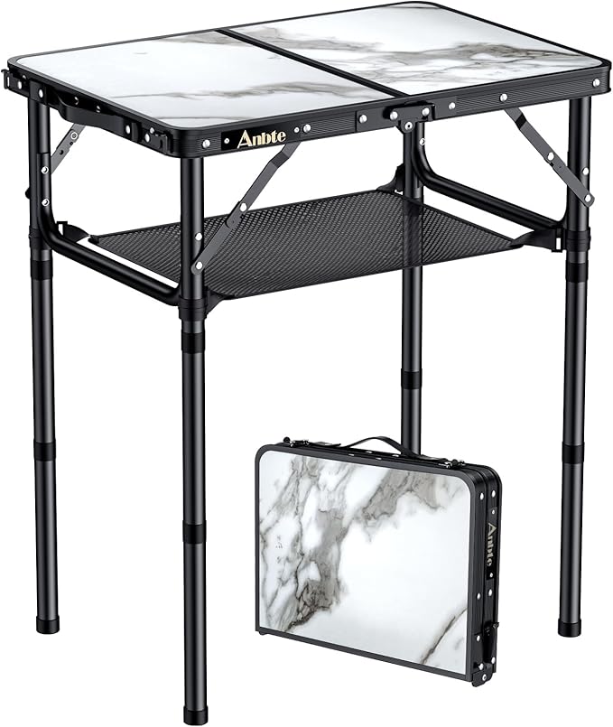 Anbte Folding Camping Table with Storage Net 3 Adjustable Height Max 27.5 Aluminum Small Folding Table Portable Table with Carry Handle Lightweight for Outdoor Indoor Travel Camping Picnic