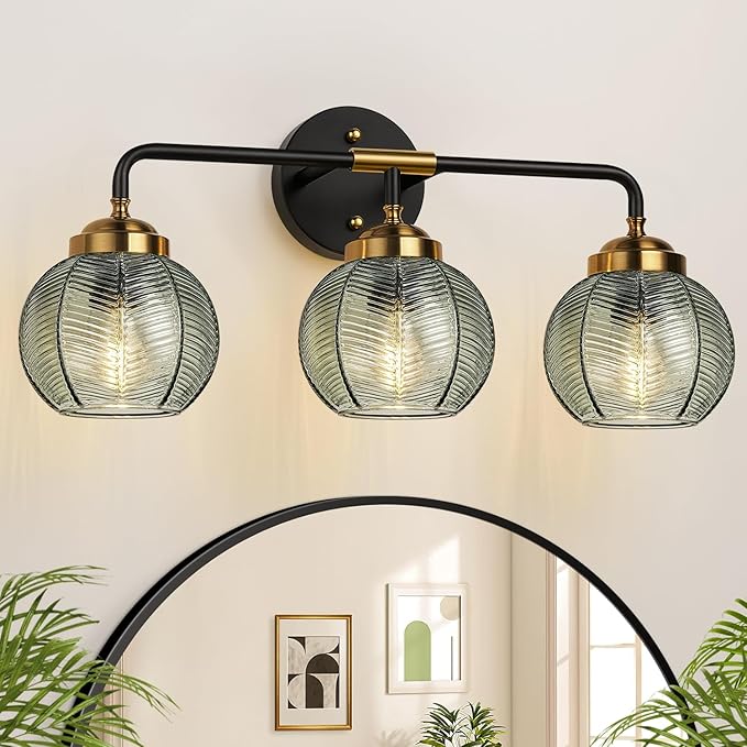 Bathroom Light Fixtures 3-Light Green Vanity Lights with Unique Leaf Texture Glass Shade Modern Matte Black and Gold Bathroom Wall Lamp for Mirror Hallway Cabinet Living Room