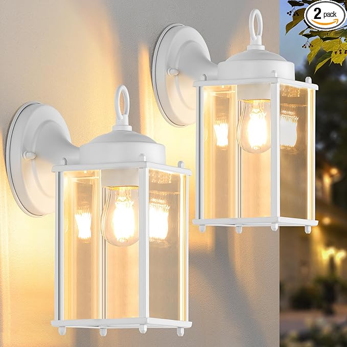 Large Outdoor Wall Lantern Exterior Waterproof Wall Sconce Light Fixtures White Front Door Lighting with Clear Beveled Glass Anti-Rust E26 Socket Porch Lamp 2 Pack