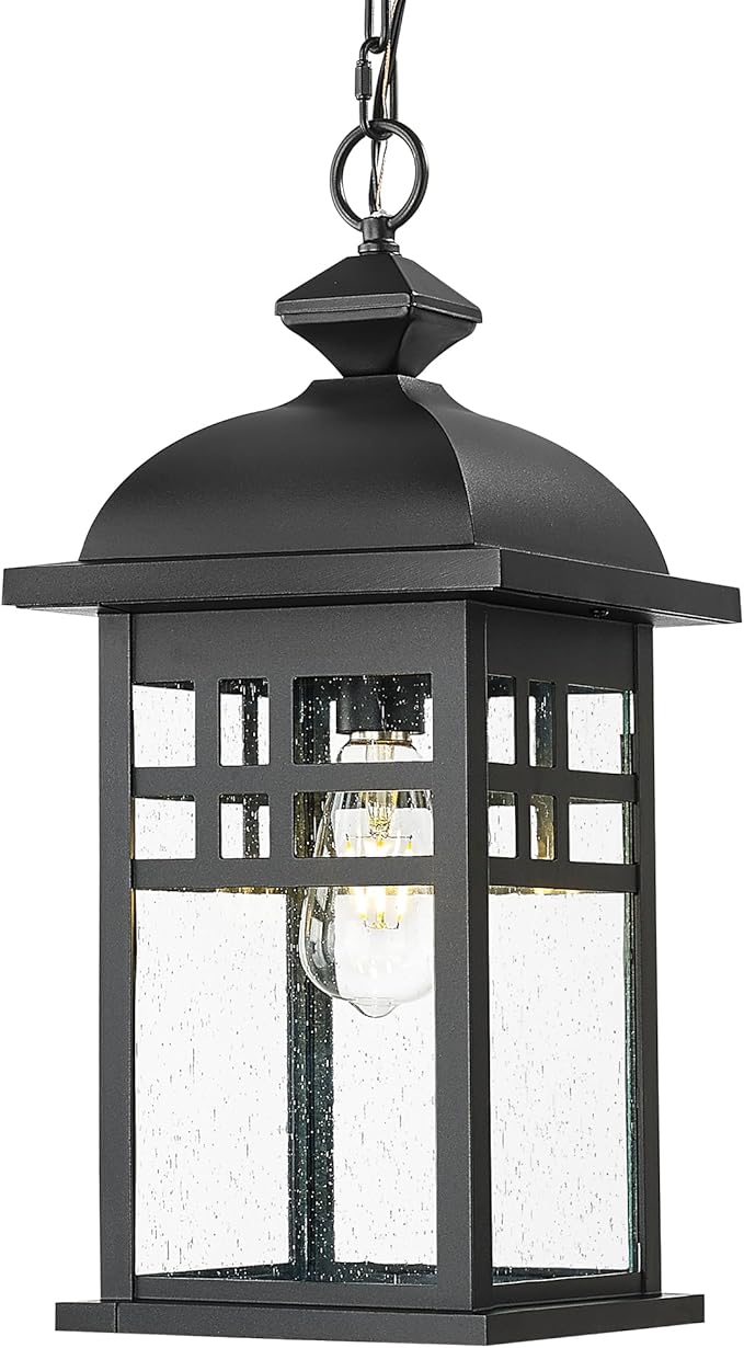 Emliviar 20 Farmhouse Outdoor Pendant Light Large Outdoor Hanging Light for Porch Gazebo Black Finish Aluminum with Seeded Glass Shade DE279H-M BK