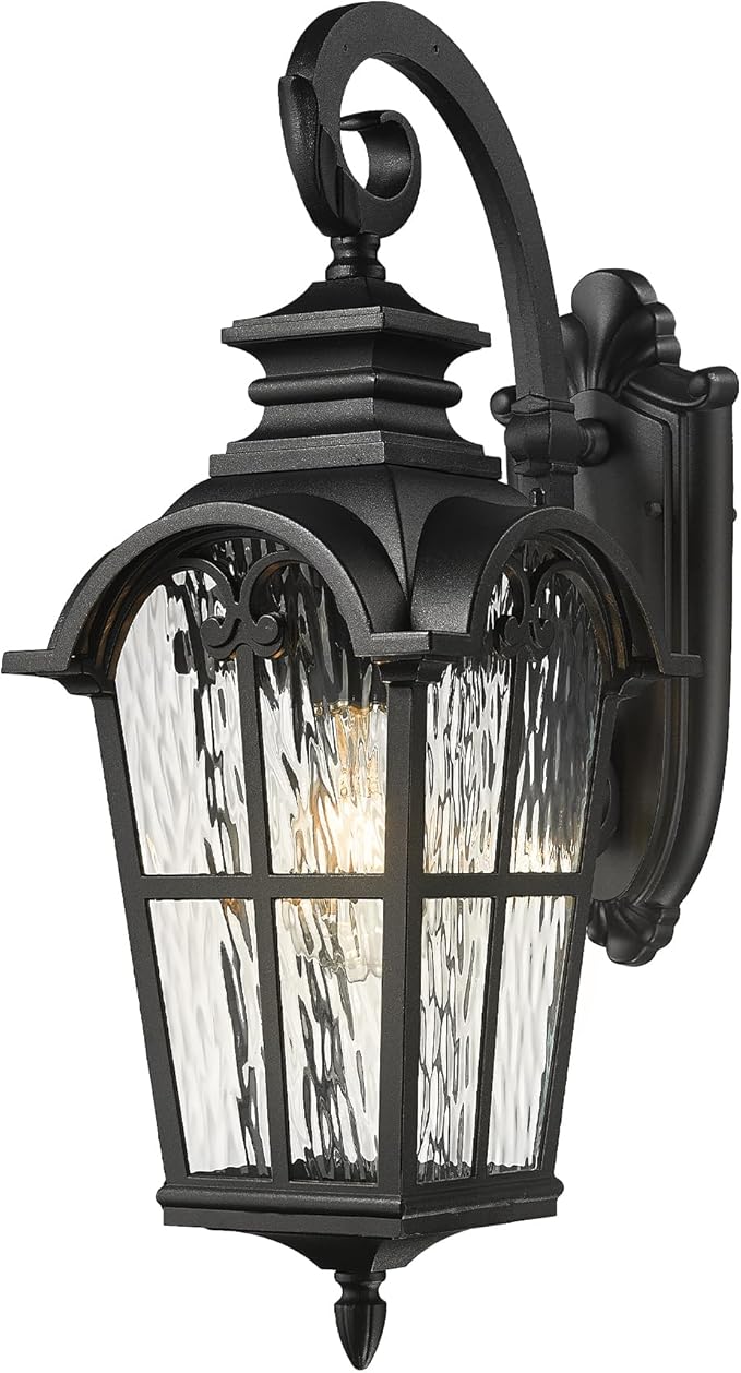 Emliviar Porch Outdoor Wall Lantern Vintage Wall Mount Light Fixture with Water Ripple Glass Matte Black Carriage Light for Yard Barn Patio WE215BM-SW BK