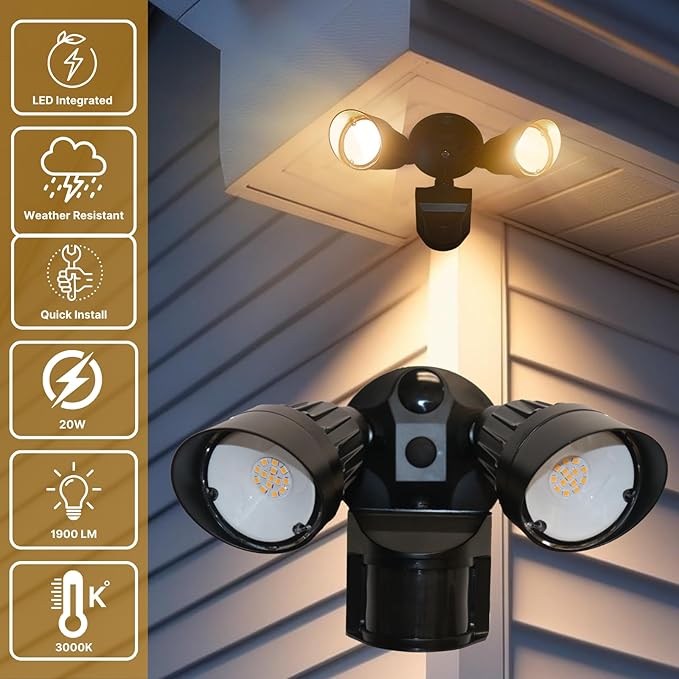 LED Black Motion Sensor 2-Light Bullet Flood Light- 3000K Adjustable Dual Head Outdoor Security Light Dusk to Dawn Waterproof Hardwired Spotlight for Yard Patio Garage Landscape