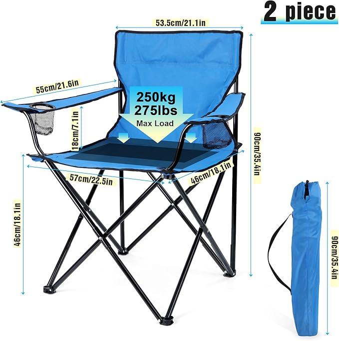 Foldable Camping Chair Set of 2 HaSteeL Folding Camp Chairs &amp Carrying Bags for Adults Portable for Lawn Outdoors Fishing Hiking Travel Picnic Beach Oversized &amp Supports 275lbs (Black