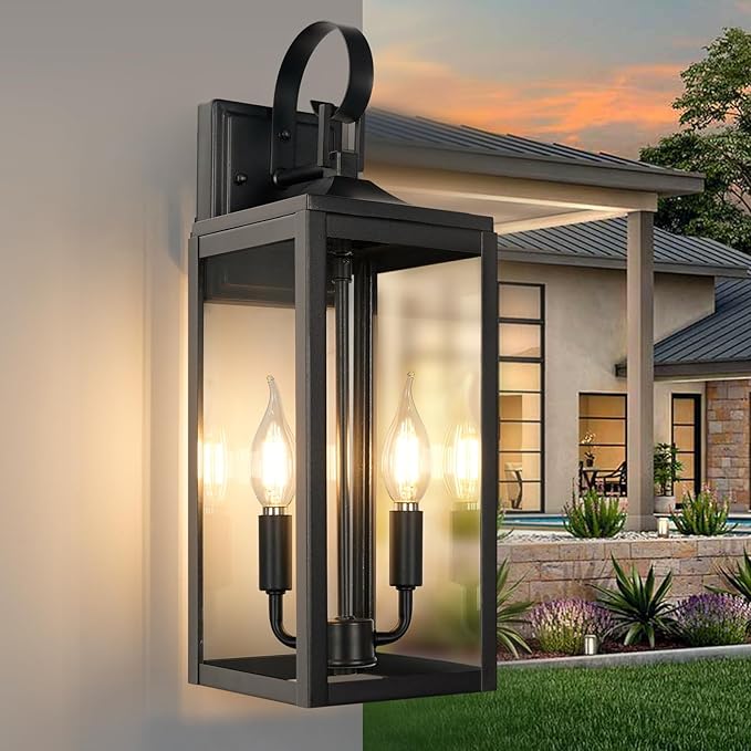 OKELI 17.6 2-Pack Outdoor Wall Light Fixture Large Exterior Porch Lighting 2-Light Farmhouse Outside Lantern Lights with Clear Glass Waterproof Wall Sconces Lamp for House Garage