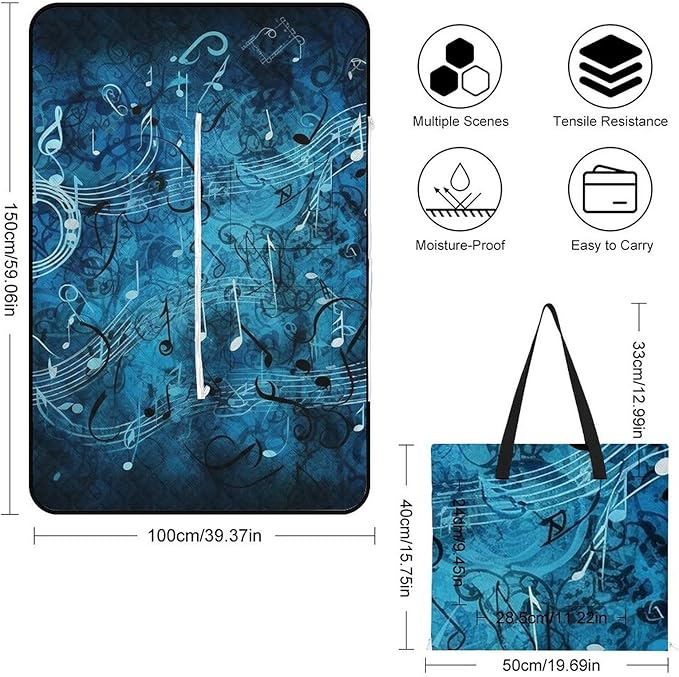 Zipper Blue Musical Notes Style Picnic Mat Suitable for Travel Camping Park Or Home Use