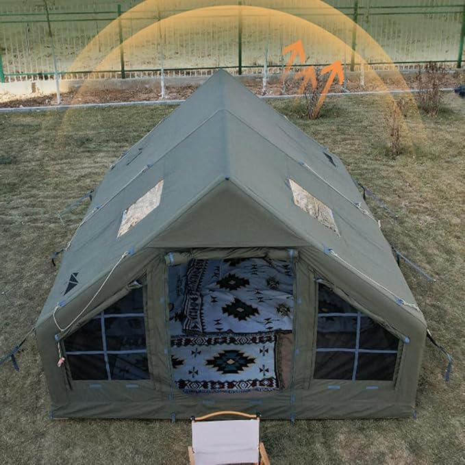 Large Luxury Inflatable Camping Tent Cotton Canvas Tent Breathable and Waterproof Air Tent with Skylight and Stove Jack Hole for for 4-6-8-10 Person Family Camping