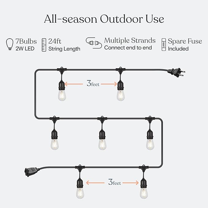 Brightech Ambience Pro - Waterproof LED Outdoor String Lights - 7 Hanging Dimmable 2W Vintage Edison Bulbs - 24 Ft Commercial Grade Patio Lights Create Cafe Ambience in Your Backyard