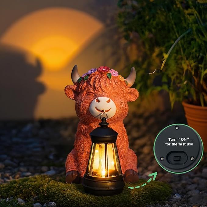 Garden Statues Highland Cow with Solar Lantern Outdoor Highland Cow Figurines Decorations for Patio Yard Lawn Ornaments Gifts for Mom/Grandma Birthday Housewarming
