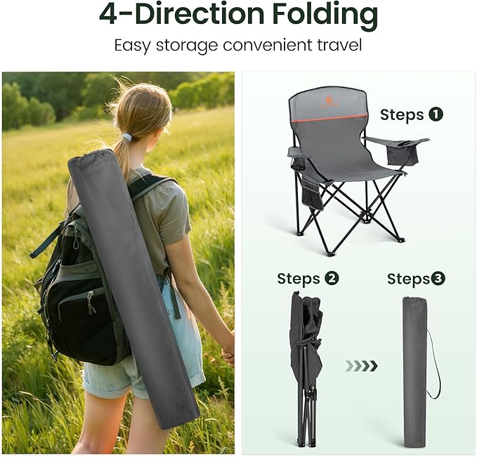 HIGH POINT SPORTS 2 Pack Portable Camping Chair for Adults Folding Outdoor Camp Chair Lightweight Lawn Chairs Folding Collapsible Chair for Camping Tailgates Beach Gray Support 250 lbs