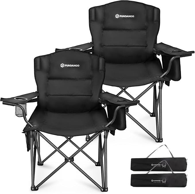 FUNDANGO Oversized Camping Chair for Adults Heavy Duty Portable Foldable Lawn Chair with Padded Seat &amp Back Lumbar Support 4-can Cooler &amp Cup Holder Carry Bag Included for Outdoor