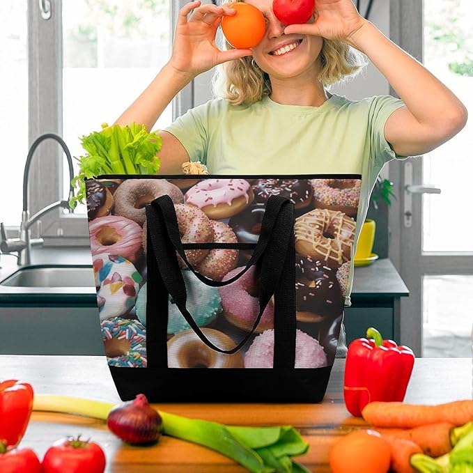 Insulated Shopping BagLarge Reusable Cooler Bags Donuts Printed Foldable Shopping BagTravel Waterproof Shoulder Bag