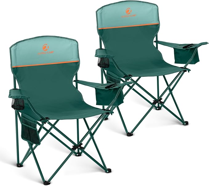 LET'S CAMP Camping Chair 2 Pack Folding Chair with 3-Can Cooler Bag Portable Lawn Chair with Cup HolderStorage Pocket Supports 225LBS Collapsible Chair for Camp Beach Picnic (Green)