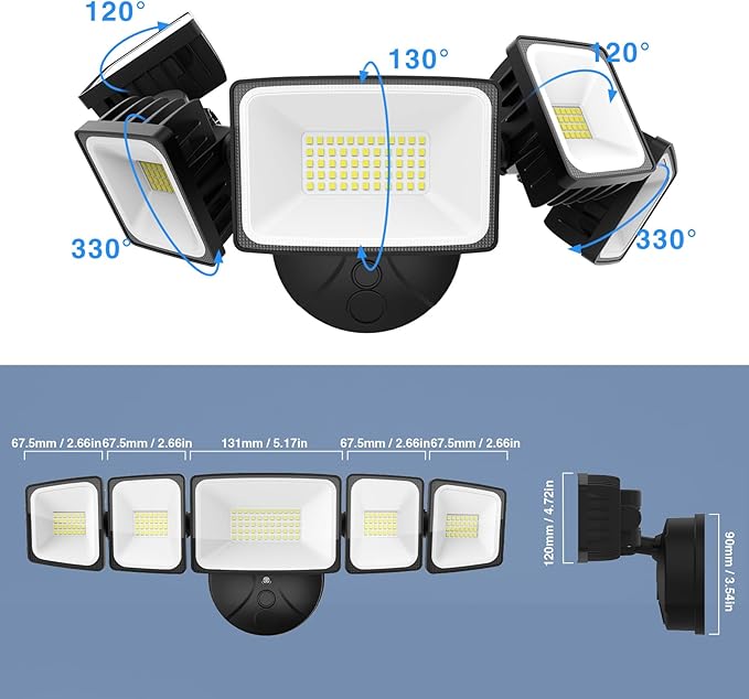 120W Outdoor LED Flood Light 5 Heads Exterior Security Lights 6500K Super Bright Floodlight Fixture Waterproof IP65 Outside Flood Lights for House Backyard Black