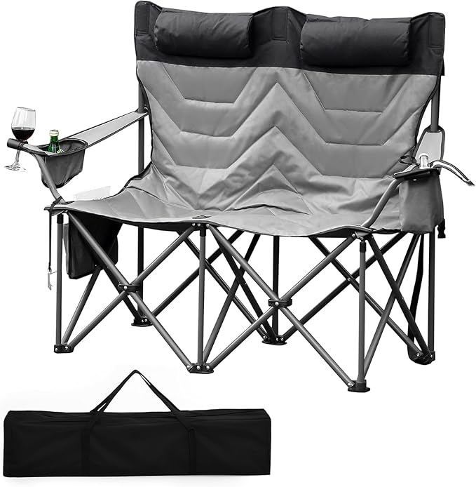 Double Camping Chair with High Back Heavy Duty Folding Loveseat with Pillow&amp Storage Bag for 900lbs Capacity Oversized 2-Person Folding Camp Chair Double Seat for Soccer Games Beach Travel Outd