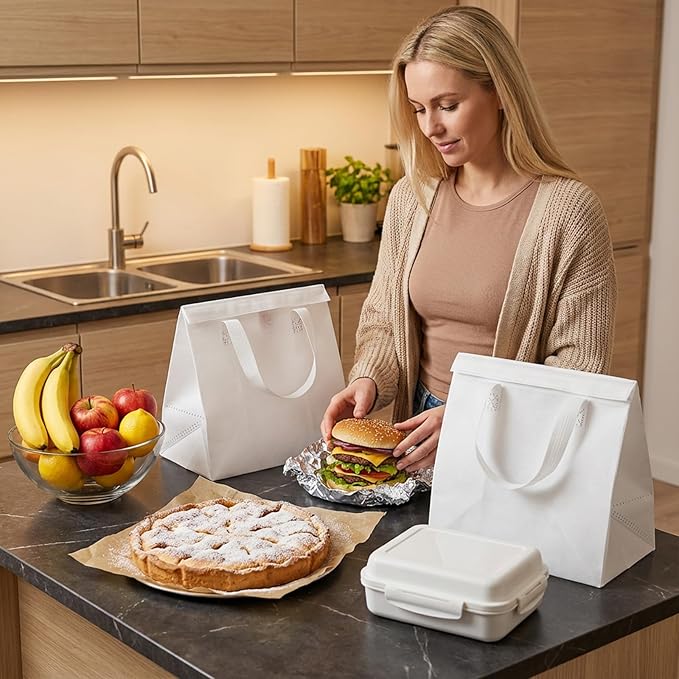50PCS Insulated Take Away Bags Bulk Thermal Insulated Lunch Take Out Grocery Hot Cold Food Bags White Delivery Cooler Bag for Coffee Milk Catering Restaurant Grocery Picnic 9.5 x 9.5 x 6