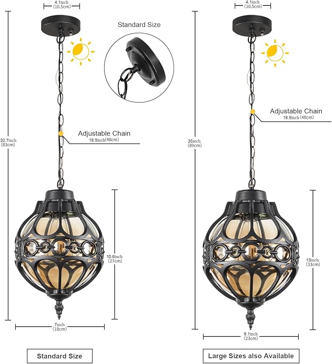 Dusk to Dawn Globe Outdoor Pendant Lights for Porch Garage Black Round Aluminum Anti-Rust Hanging Lighting Fixture Industrial Exterior Ceiling Lantern Light with Amber Glass 2 Pack
