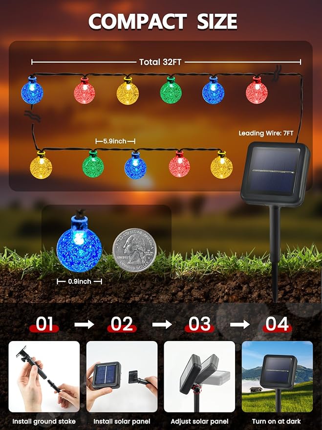 Multicolor Solar String Lights Outdoor 2-Pack Total 100 LED 64FT Crystal Globe Solar Lights for Outside Waterproof with 8 Lighting Modes Easter Decorations for Tree Wedding Patio Party Garden