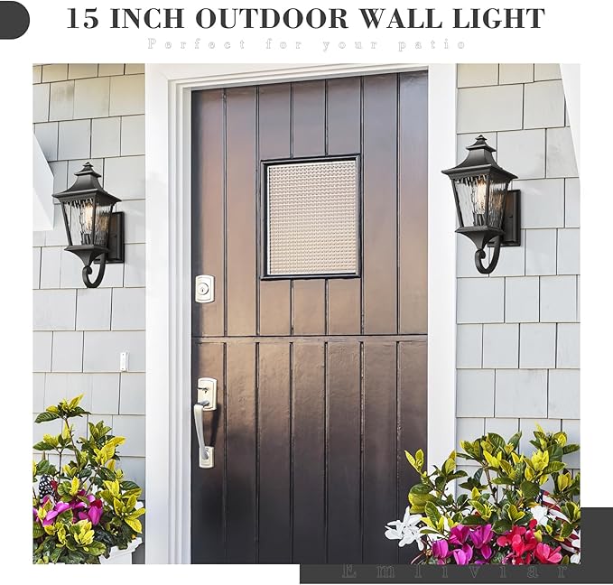 Emliviar Outdoor Light Fixture Wall Mount 15 Inch 1-Light Exterior Wall Sconce Light with Water Ripple Glass Black Finish XE292UB-SW BK