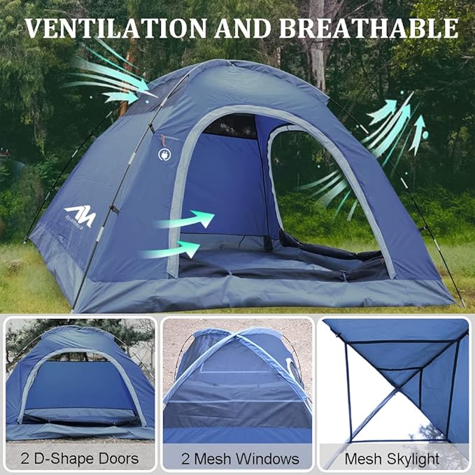 2-3 Person Tents for Camping - AYAMAYA Outdoor Waterproof Dome Family Tents with Removable Rainfly Breathable with 2 Doors &amp 2 Large Mesh Windows - Easy Set Up for Backpacking Hiking Travelling