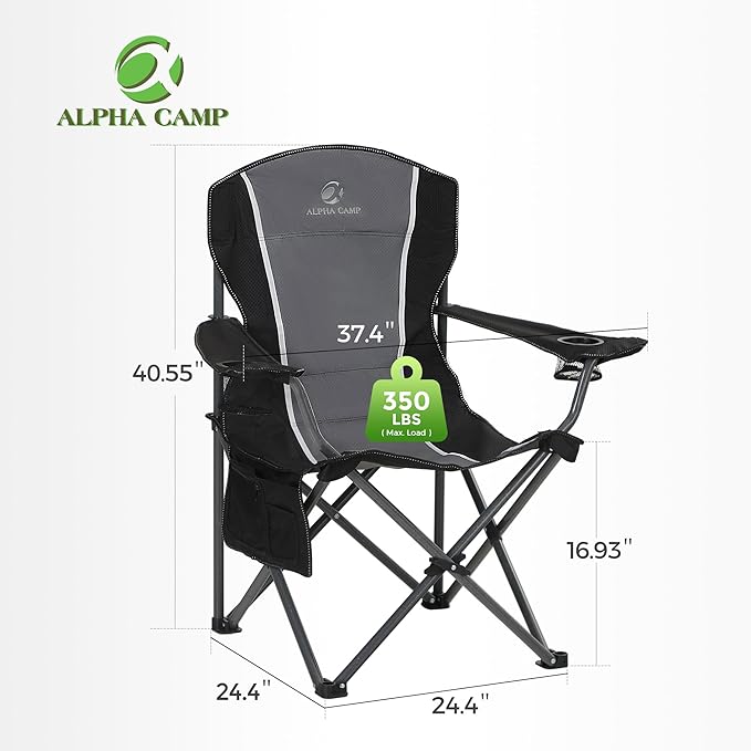 ALPHA CAMP Oversized Camping Folding Chair - Heavy Duty Steel Frame Support 350 LBS Collapsible Padded Arm With Cup Holder Quad Lumbar Back Portable for Outdoor/Indoor