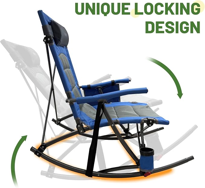 13.8 High Seat Rocking Camping Chair Outdoor with Foot Rest &amp Headrest Oversized Folding Rocker Chair with Carry Bag for Lawn Patio Supports 300 lbs