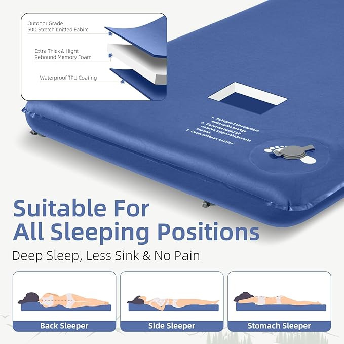 Memory Sleeping Pad 3.1 Ultra-Thick Foam Sleeping Mats for Camping Easy Inflate&ampDeflate9.5 R-Value Insulated Camping Mattress Pad with Pillow for Car Travel Tent
