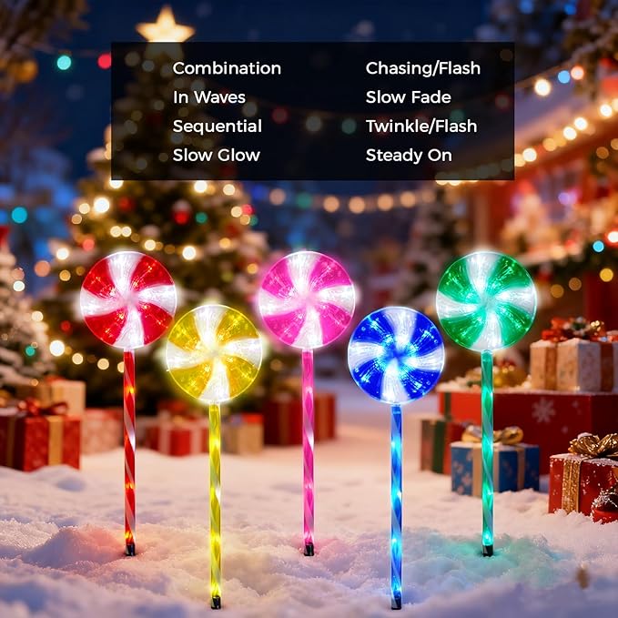 BRIGHTDECK Lollipop Solar Christmas Pathway Lights Outdoor 10 Pack LED Christmas Decor with 8 Lighting Modes Light Up Solar Stake Lights for Holiday Xmas Walkway Sidewalk (Multicolour 10 PCS)