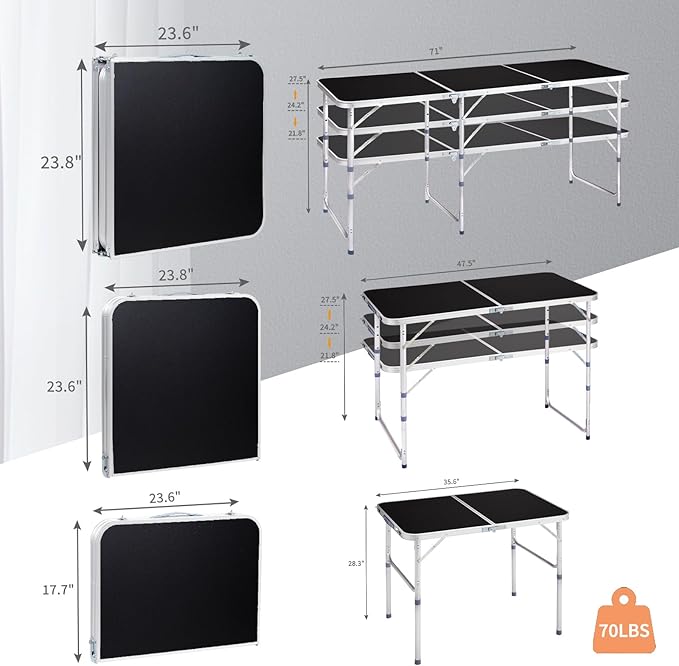 4.0 Ft Folding Portable Camping Table with Three Adjustable Heights RV Tables for Inside a Camper Outdoor BBQ Dining Picnic Cooking Beach Garden Black
