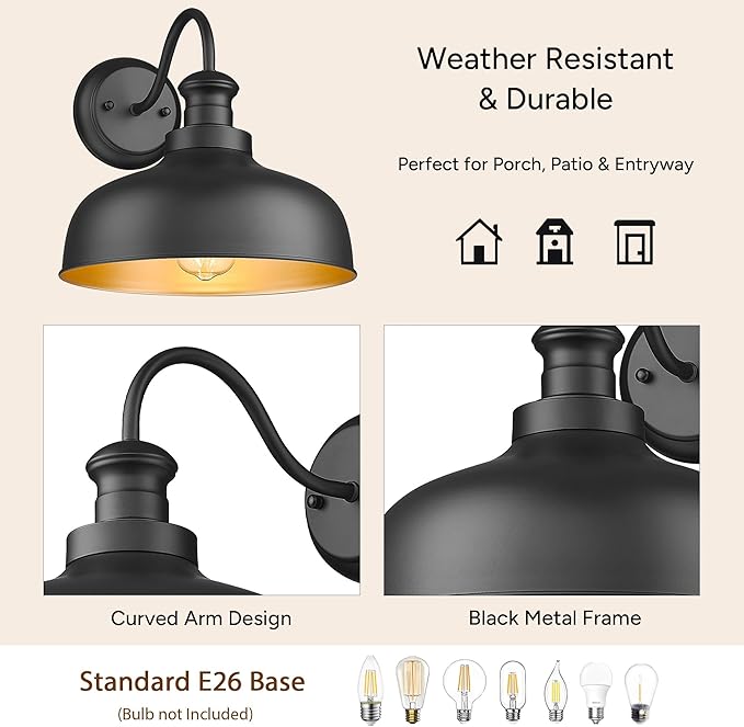 Farmhouse Barn Light11.5 Inch Outdoor Wall Light Weather Resistant Exterior Lighting FixtureOutdoor Wall Mount Light Anti-Rust Porch Light for House Patio Garage (Black2Pack)