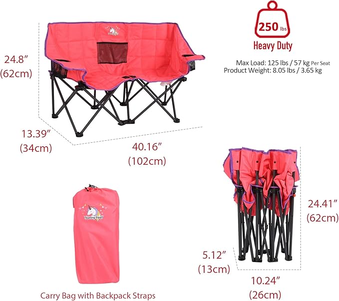 SUNNYFEEL Kids Folding Double Camping Chair Portable Kids Camping Chairs 2 Seat Chair Pink Padded Foldable Lawn Chairs with Cup Holder for Beach/Outdoor/Travel/Picnic Foldable Camp Chairs 2 Person