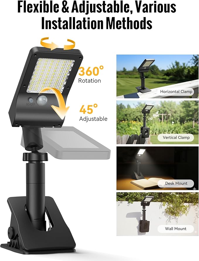 Clip On Solar Lights Outdoor 350LM Solar Motion Sensor Clamp Light with 1200mAh Battery 3 Modes 360° Adjustable Waterproof Fence Lights for Porch Mailbox Camping Emergency Security