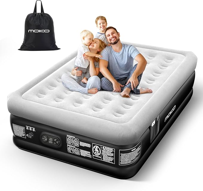 MoKo Air Mattress Queen with Built in Pump 18'' Luxury Inflatable Mattress 3 Min Fast Blow up Mattress Comfort Top - Velvety Air Bed for Home Camping Travel Guests Black/Gray