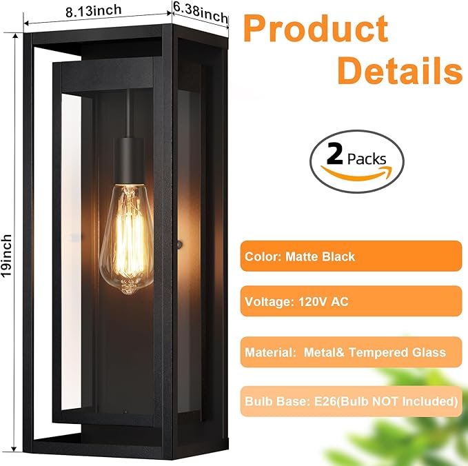 19 Outdoor Wall Lights 2 Pack Large Size Matte Black Outdoor Sconce Lights with Clear Glass Shade Waterproof Porch Lighting Exterior Light Fixture for Front Door Garage